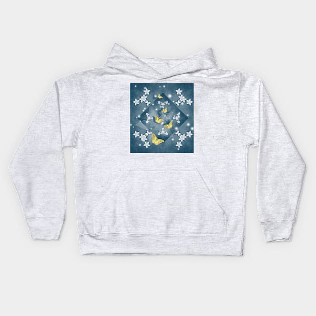 Gold butterflies and white flowers Kids Hoodie by hereswendy